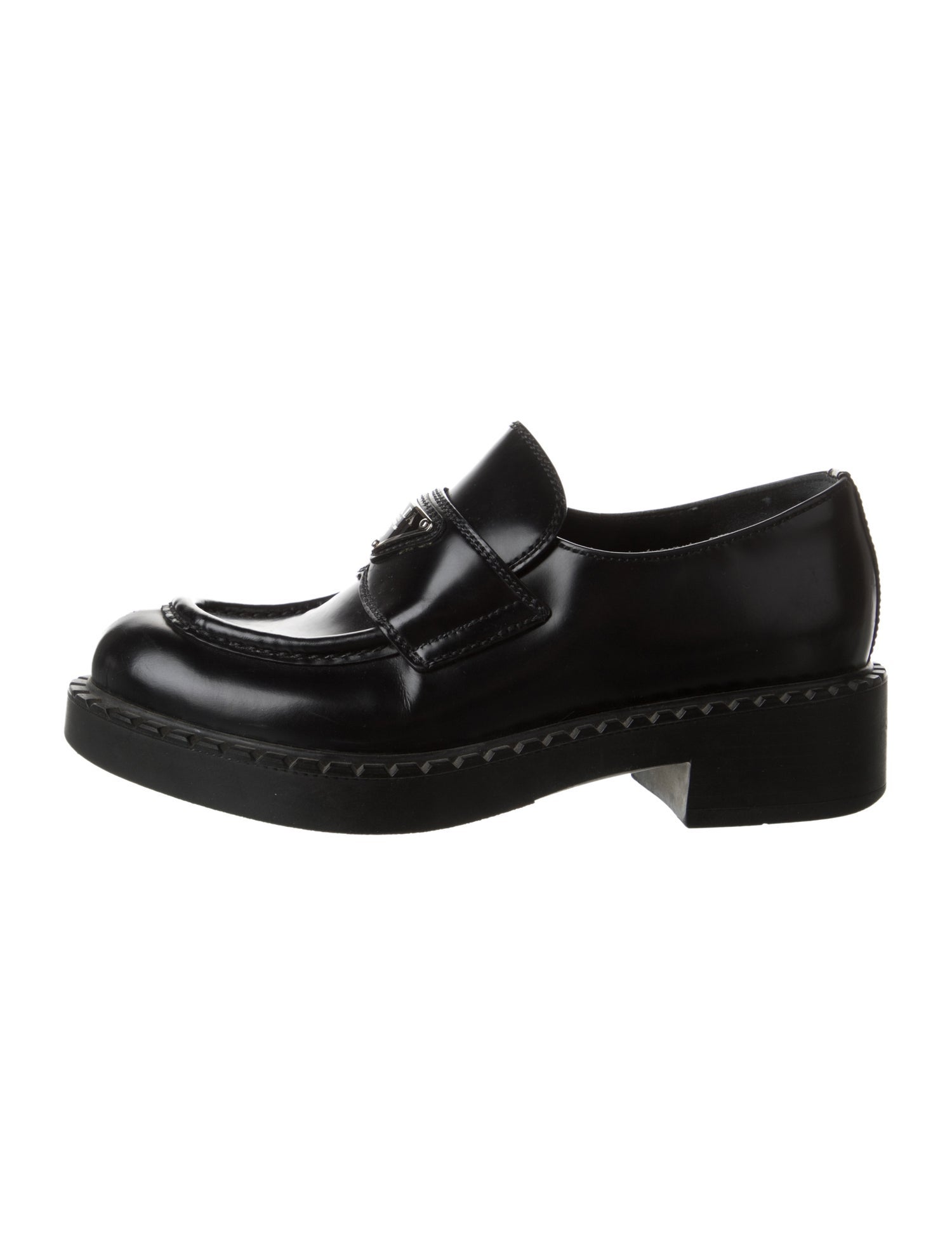 Prada Enameled Metal Triangle Patent Leather Loafers