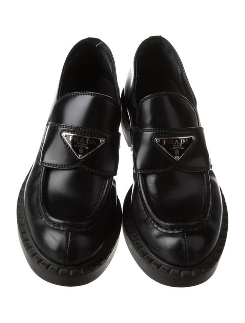 Prada Enameled Metal Triangle Patent Leather Loafers