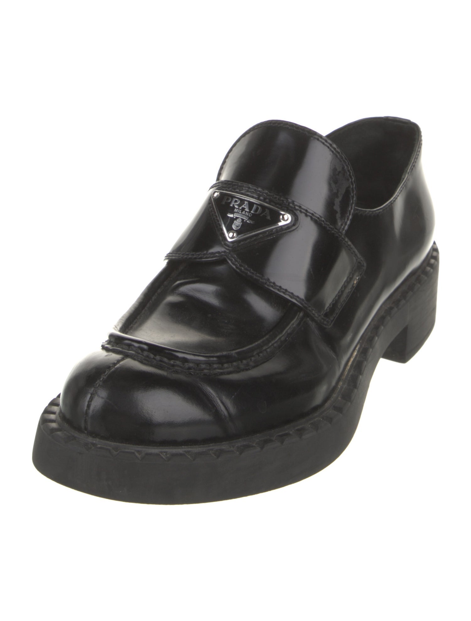 Prada Enameled Metal Triangle Leather Oxfords