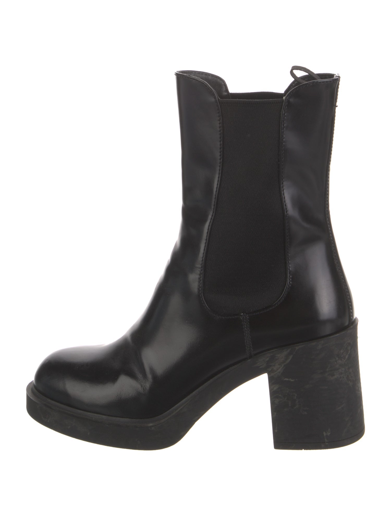 Prada Enameled Metal Triangle Leather Chelsea Boots