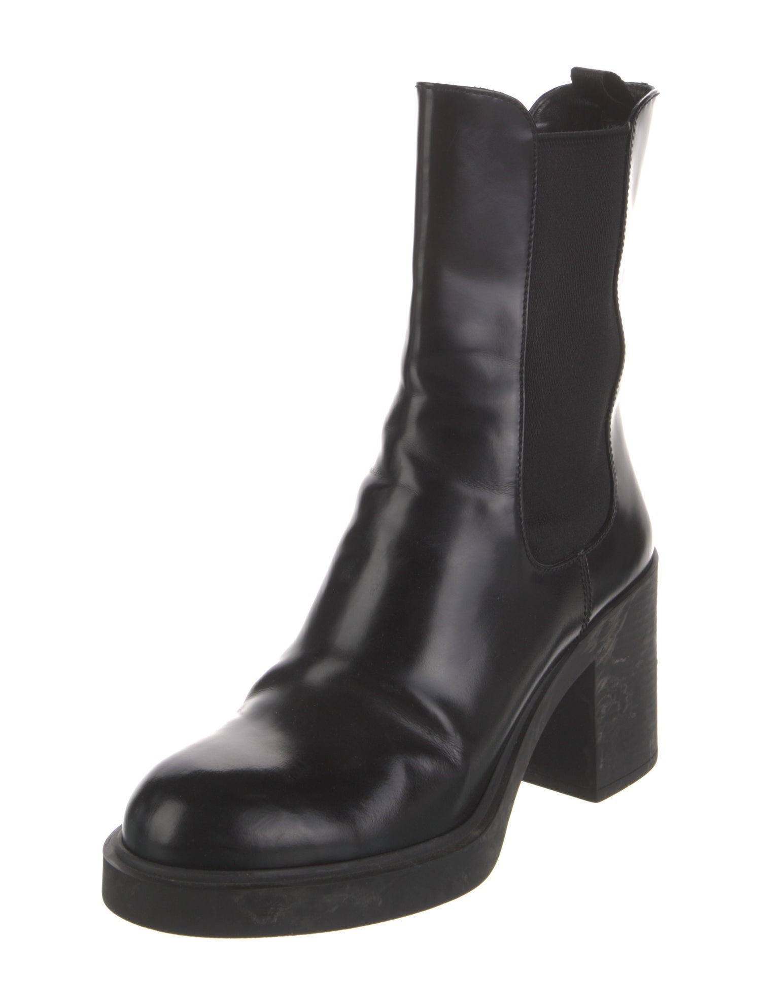 Prada Enameled Metal Triangle Leather Chelsea Boots