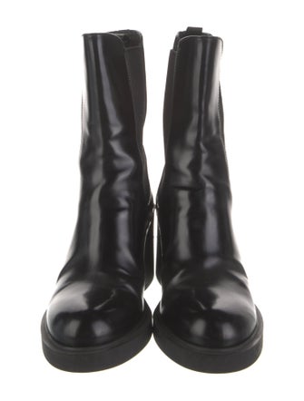 Prada Enameled Metal Triangle Leather Chelsea Boots