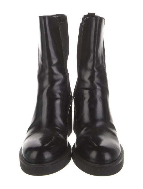 Prada Enameled Metal Triangle Leather Chelsea Boots