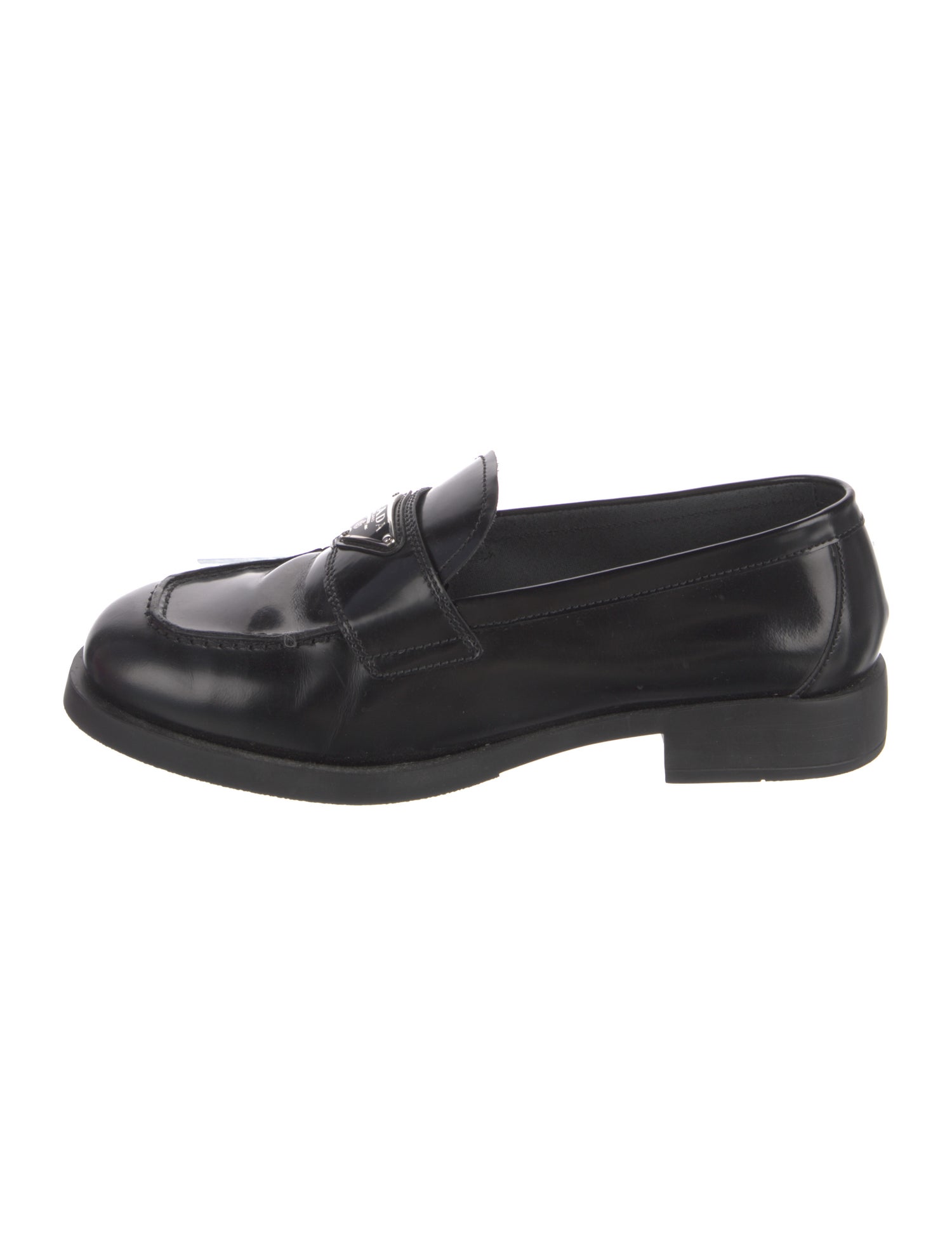 Prada Enameled Metal Triangle Leather Loafers