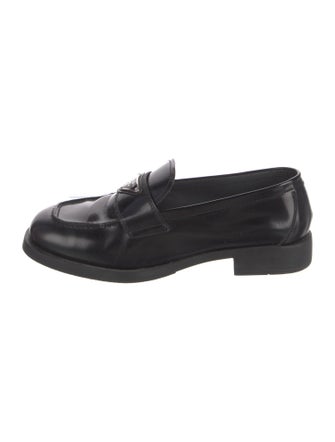 Prada Enameled Metal Triangle Leather Loafers
