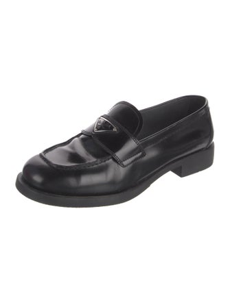 Prada Enameled Metal Triangle Leather Loafers
