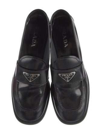 Prada Enameled Metal Triangle Leather Loafers