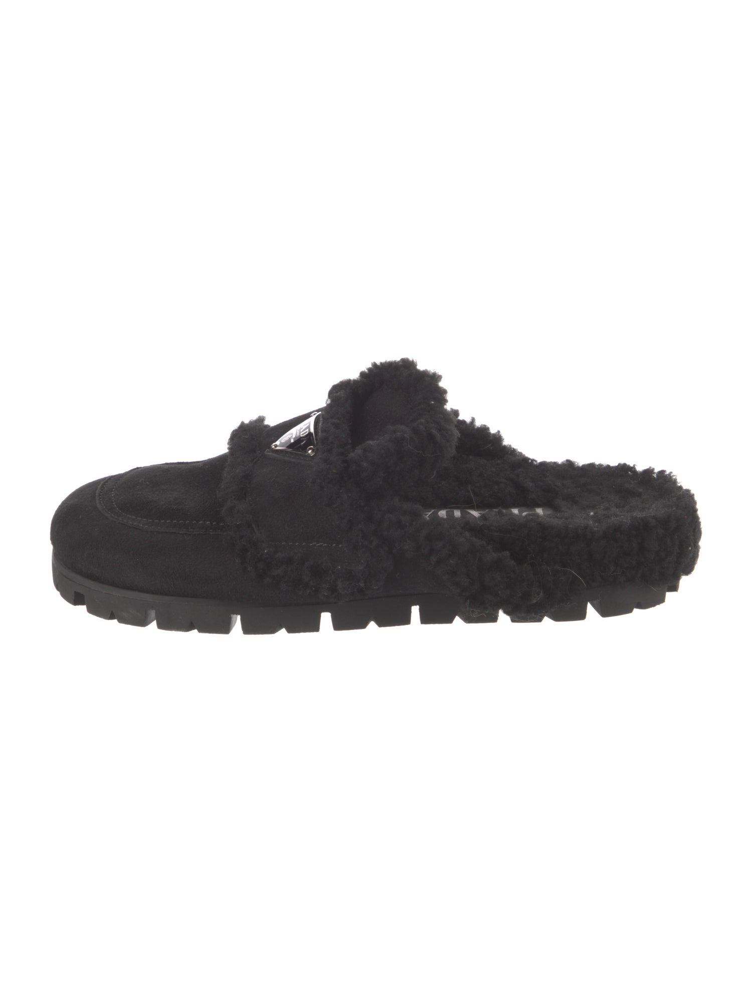 Prada Enameled Metal Triangle Suede Mules