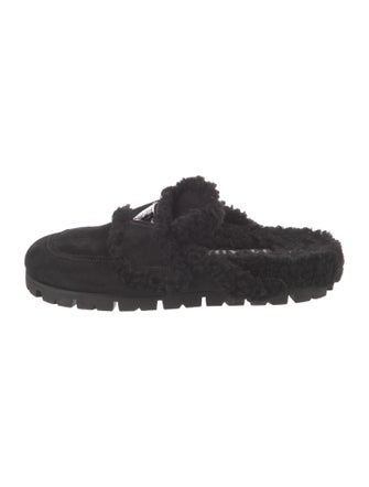 Prada Enameled Metal Triangle Suede Mules