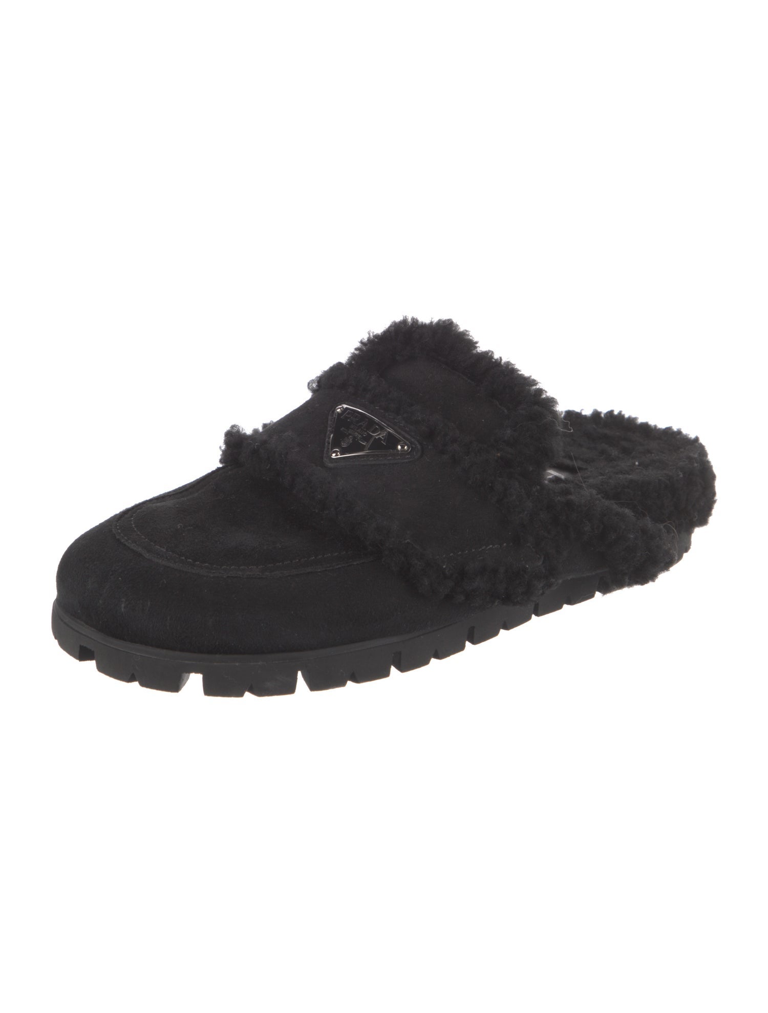 Prada Enameled Metal Triangle Suede Mules