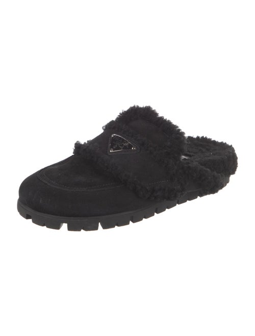 Prada Enameled Metal Triangle Suede Mules