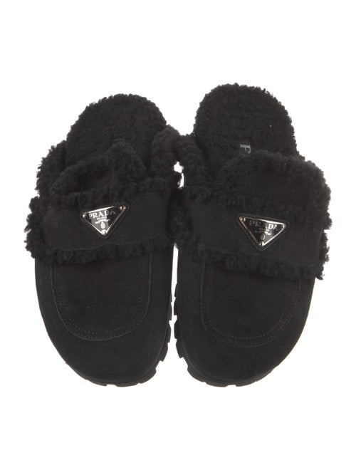 Prada Enameled Metal Triangle Suede Mules