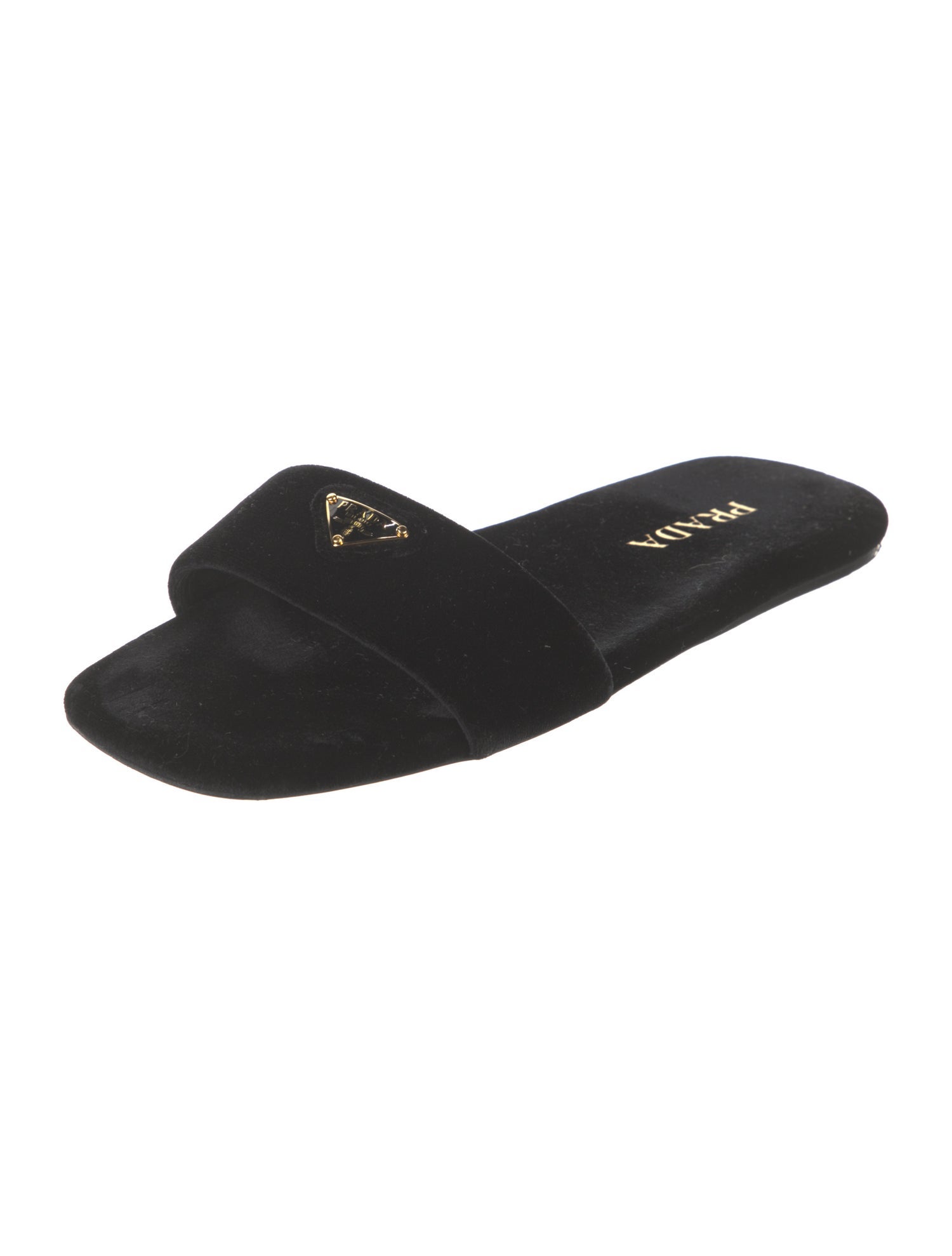 Prada Enameled Metal Triangle Velvet Slides