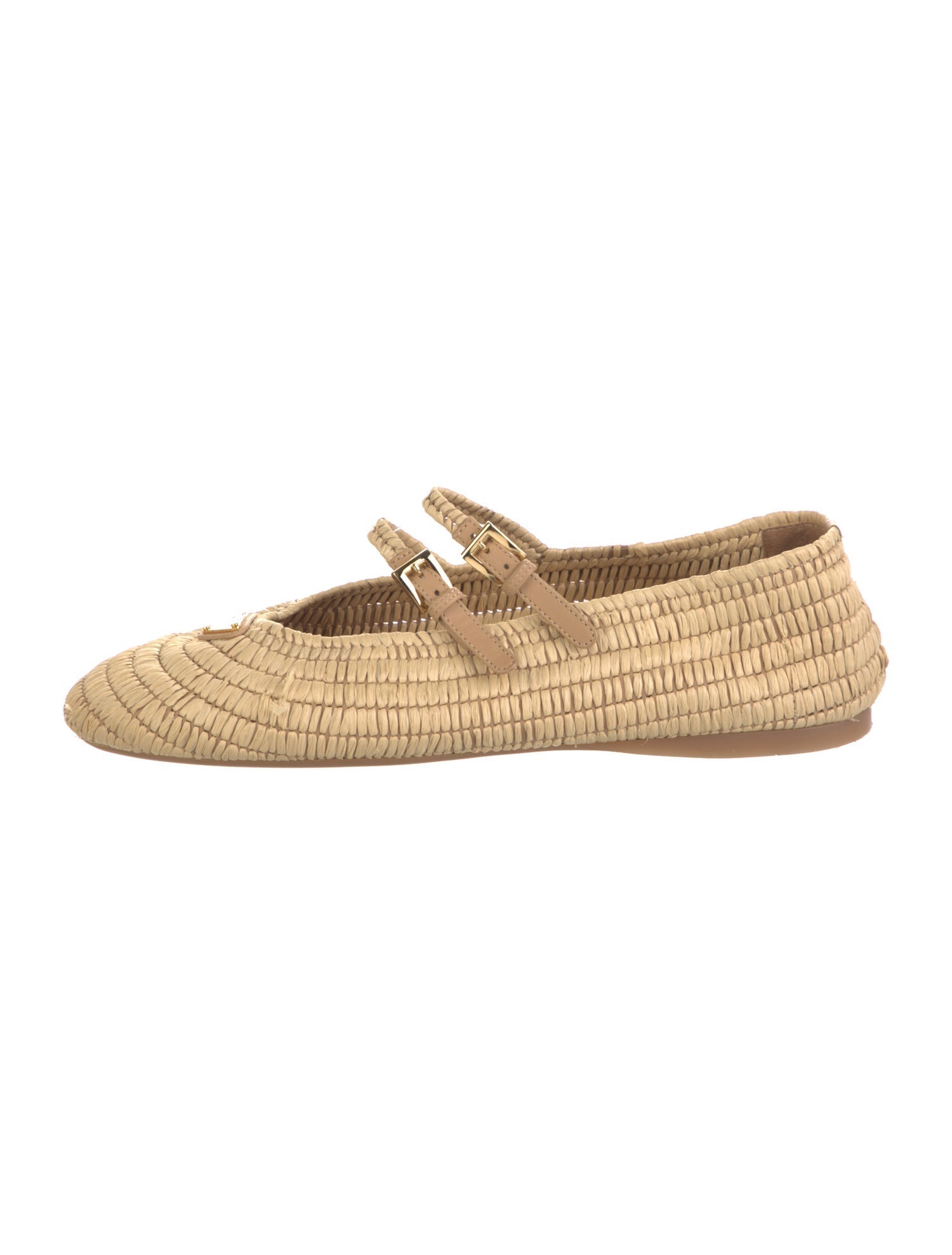 Prada Raffia Leather Trim Embellishment Mary Jane Flats