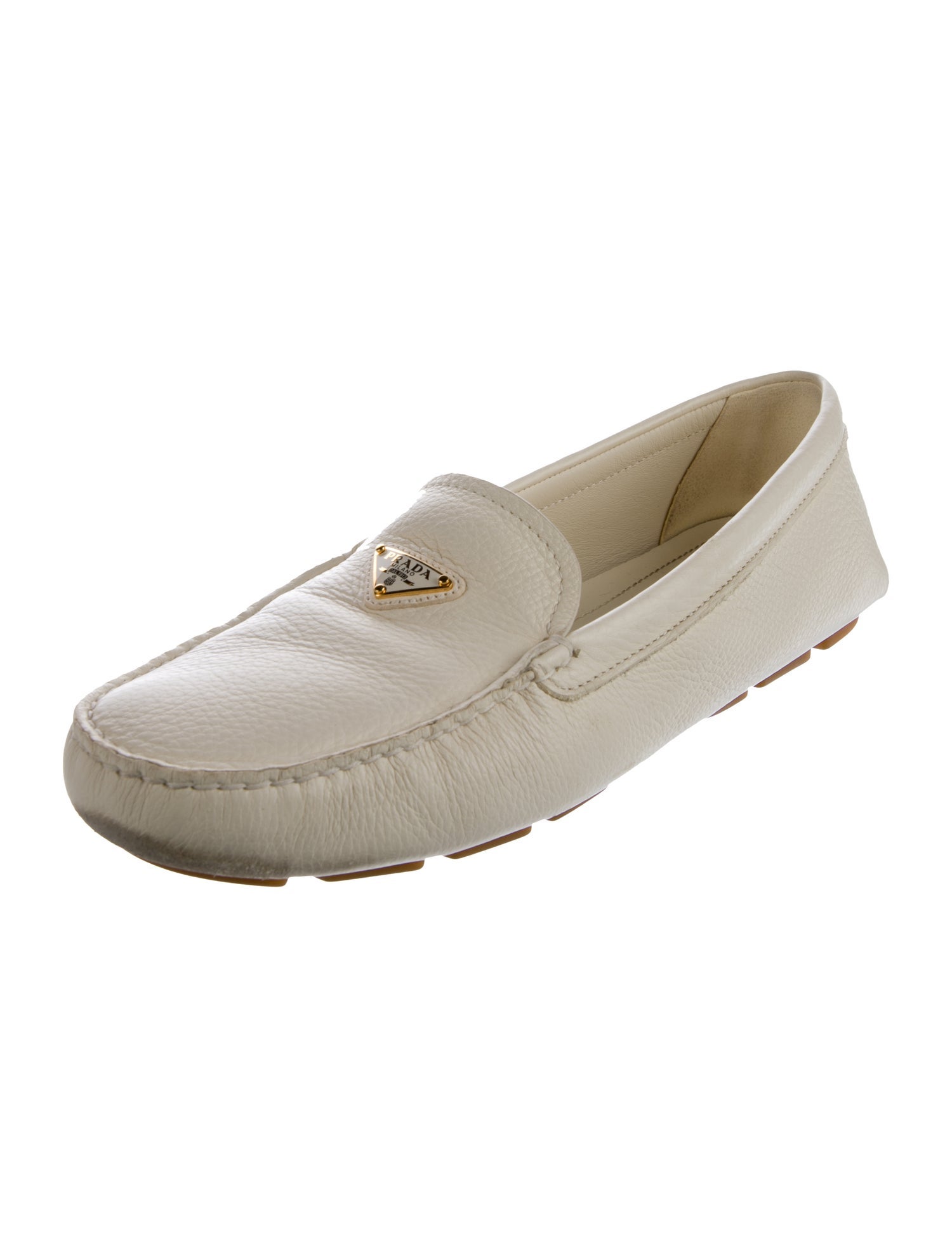 Prada Enameled Metal Triangle Leather Loafers