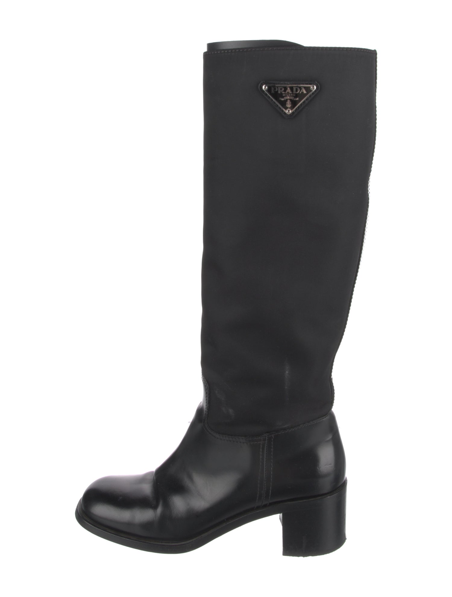 Prada Enameled Metal Triangle Nylon Riding Boots
