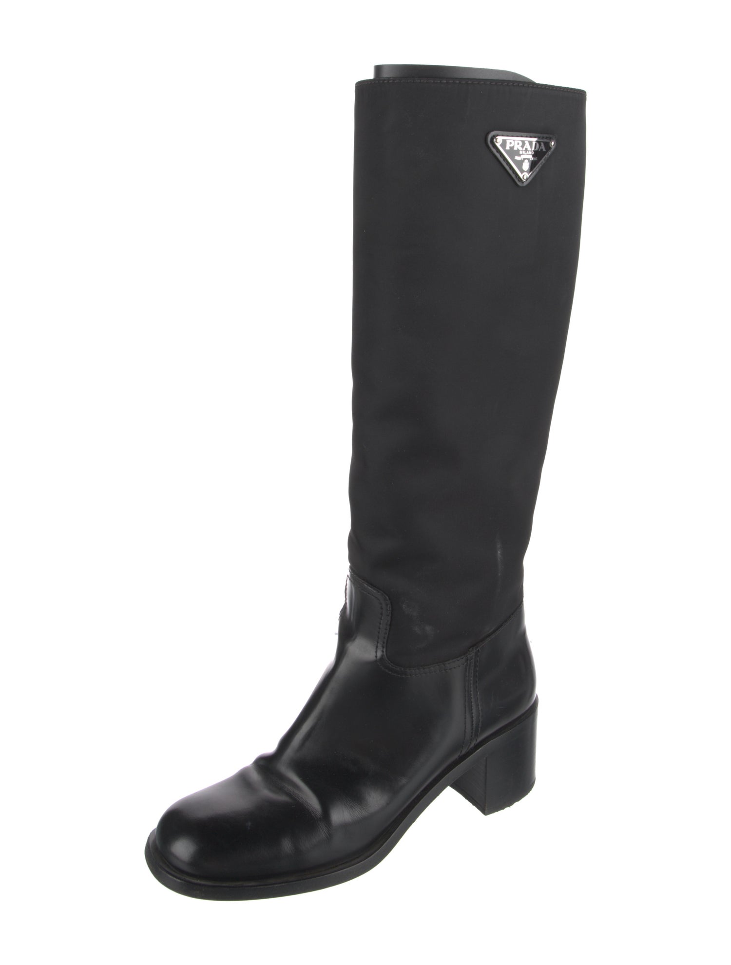 Prada Enameled Metal Triangle Nylon Riding Boots