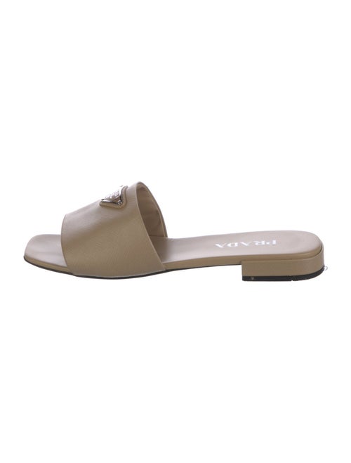 Prada Enameled Metal Triangle Saffiano Leather Slides