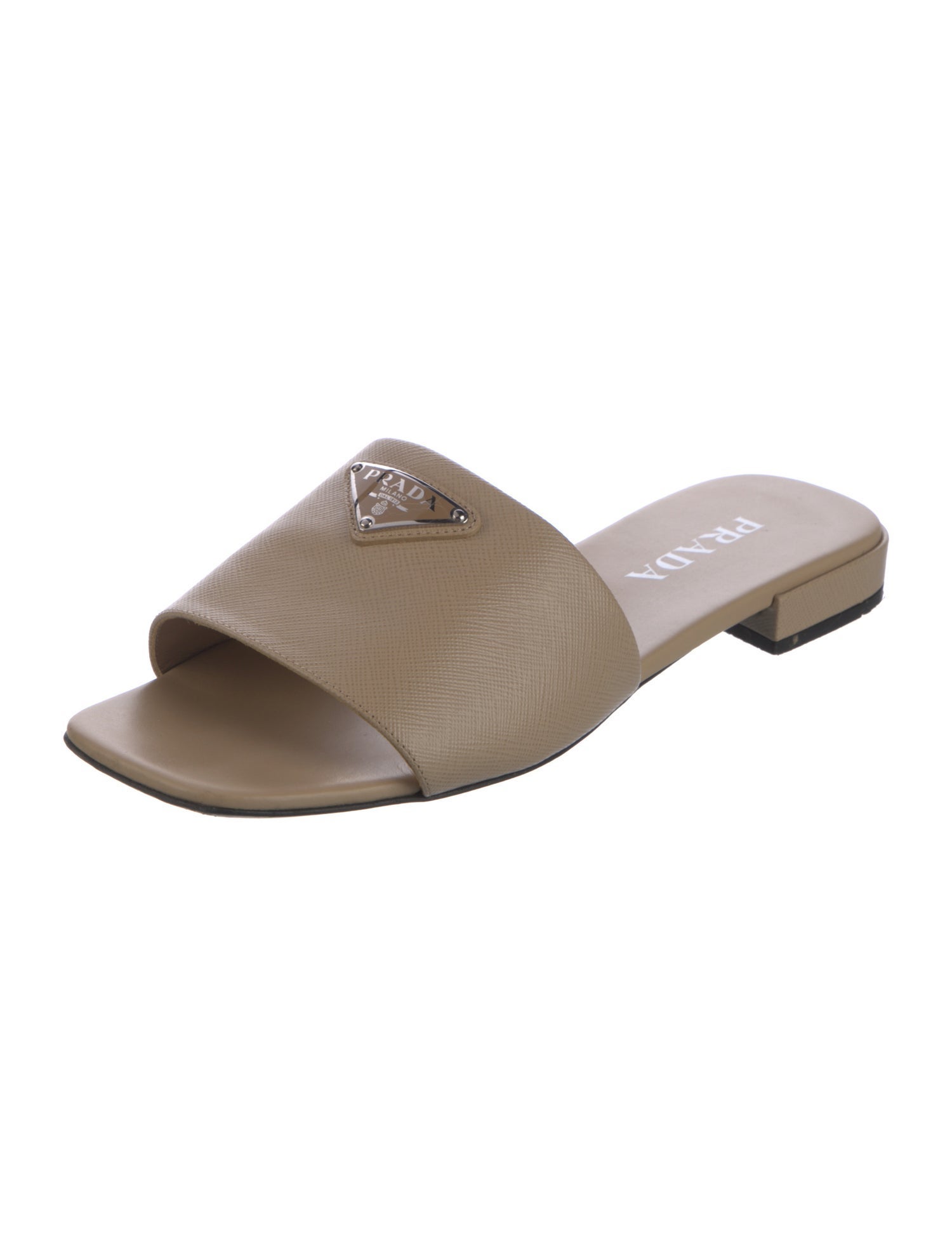 Prada Enameled Metal Triangle Saffiano Leather Slides