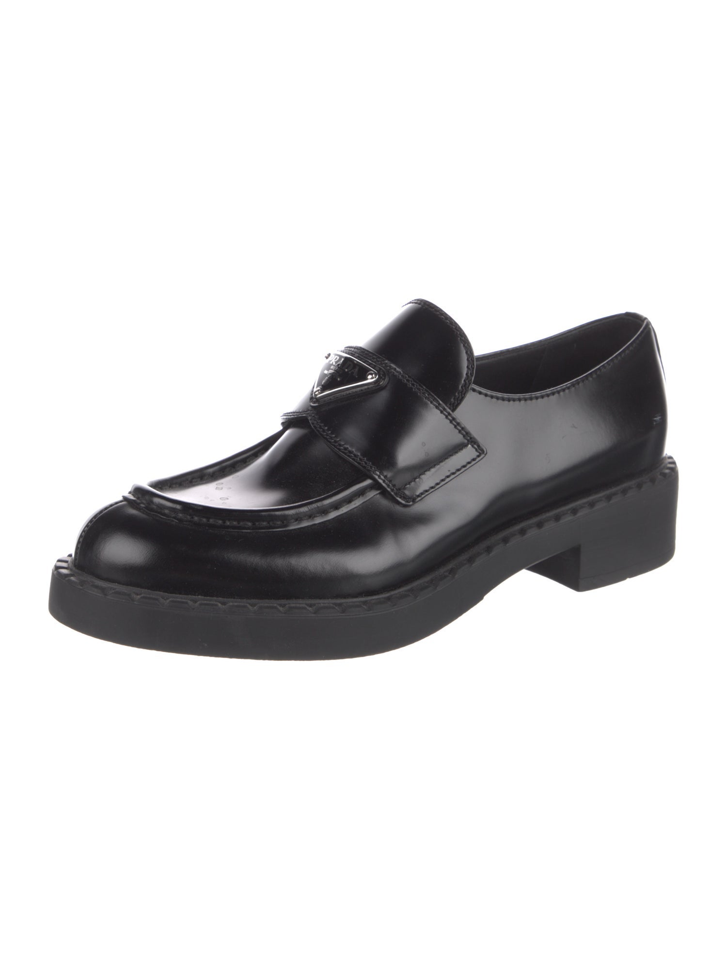 Prada Enameled Metal Triangle Leather Oxfords