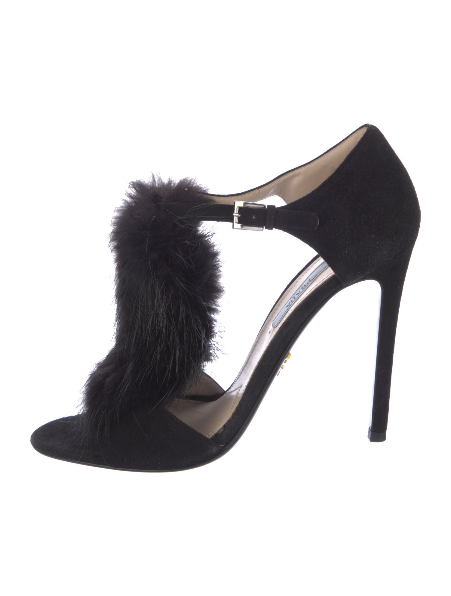 Prada Suede Fur Trim T-Strap Sandals
