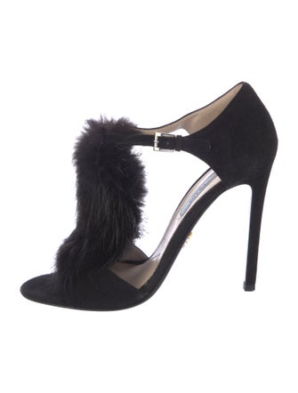 Prada Suede Fur Trim T-Strap Sandals