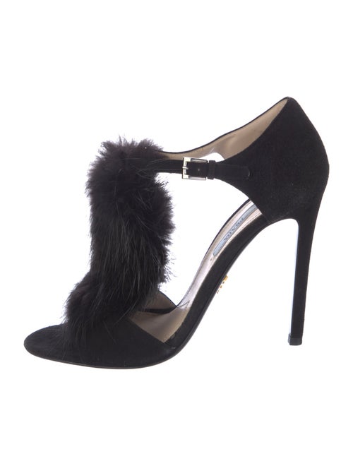 Prada Suede Fur Trim T-Strap Sandals