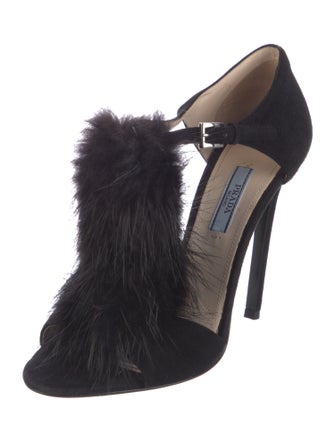 Prada Suede Fur Trim T-Strap Sandals
