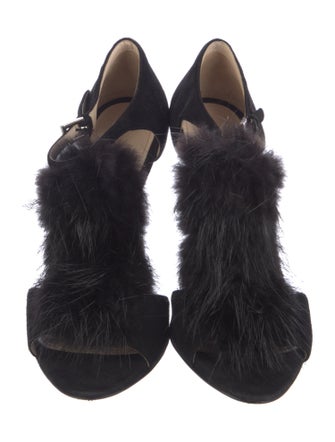 Prada Suede Fur Trim T-Strap Sandals