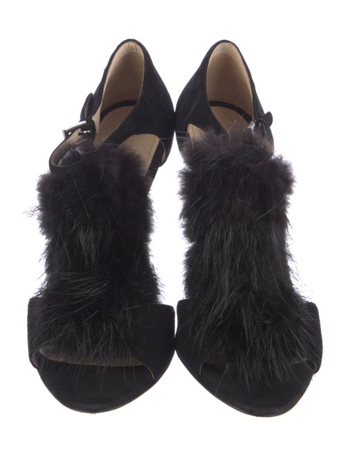 Prada Suede Fur Trim T-Strap Sandals