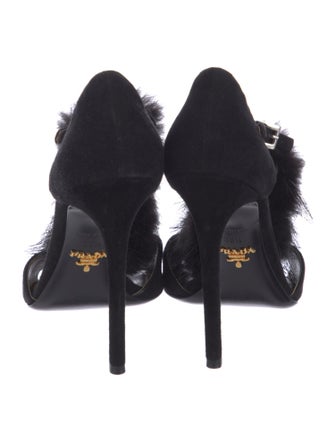 Prada Suede Fur Trim T-Strap Sandals