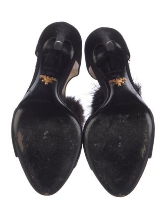 Prada Suede Fur Trim T-Strap Sandals