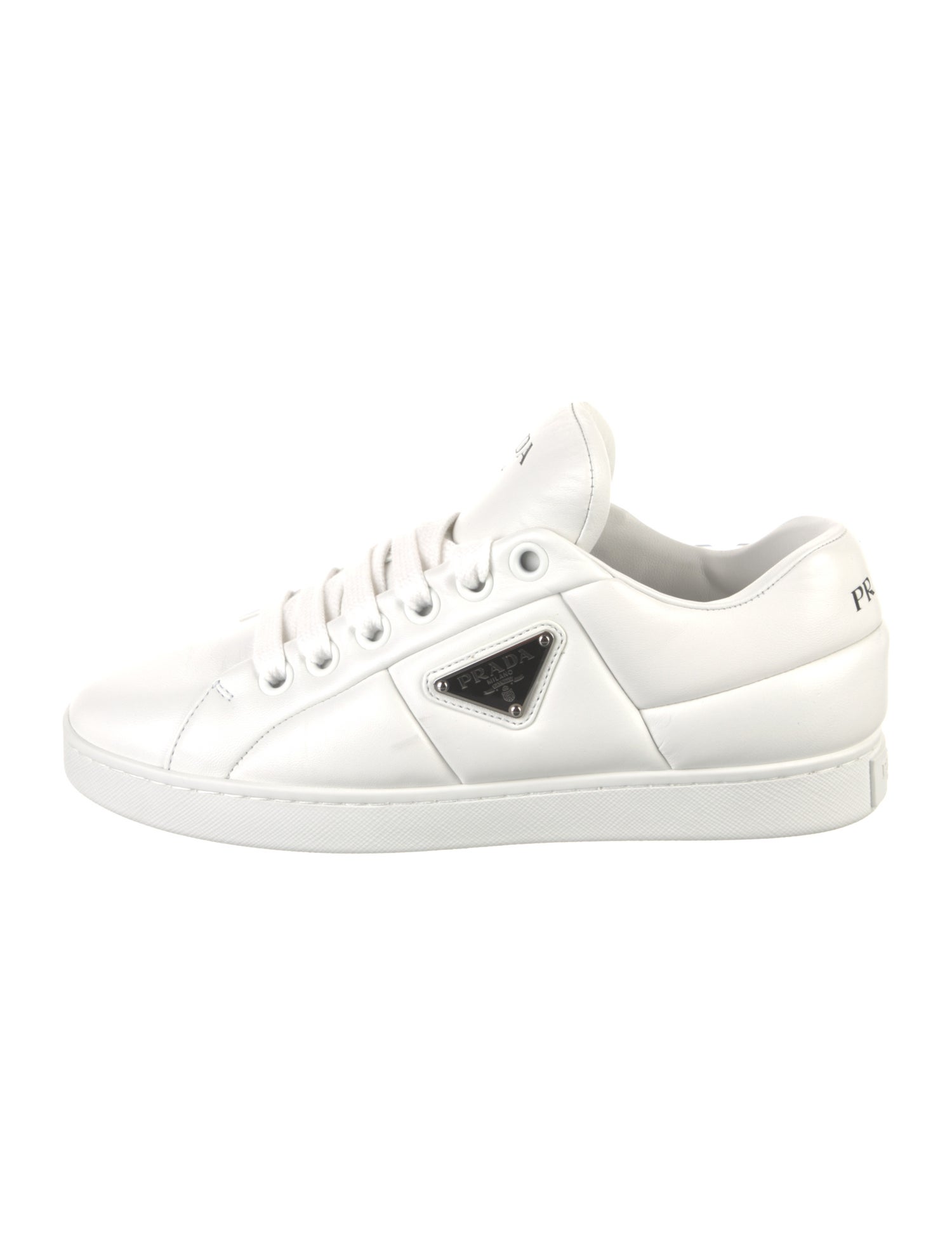 Prada Enameled Metal Triangle Leather Sneakers