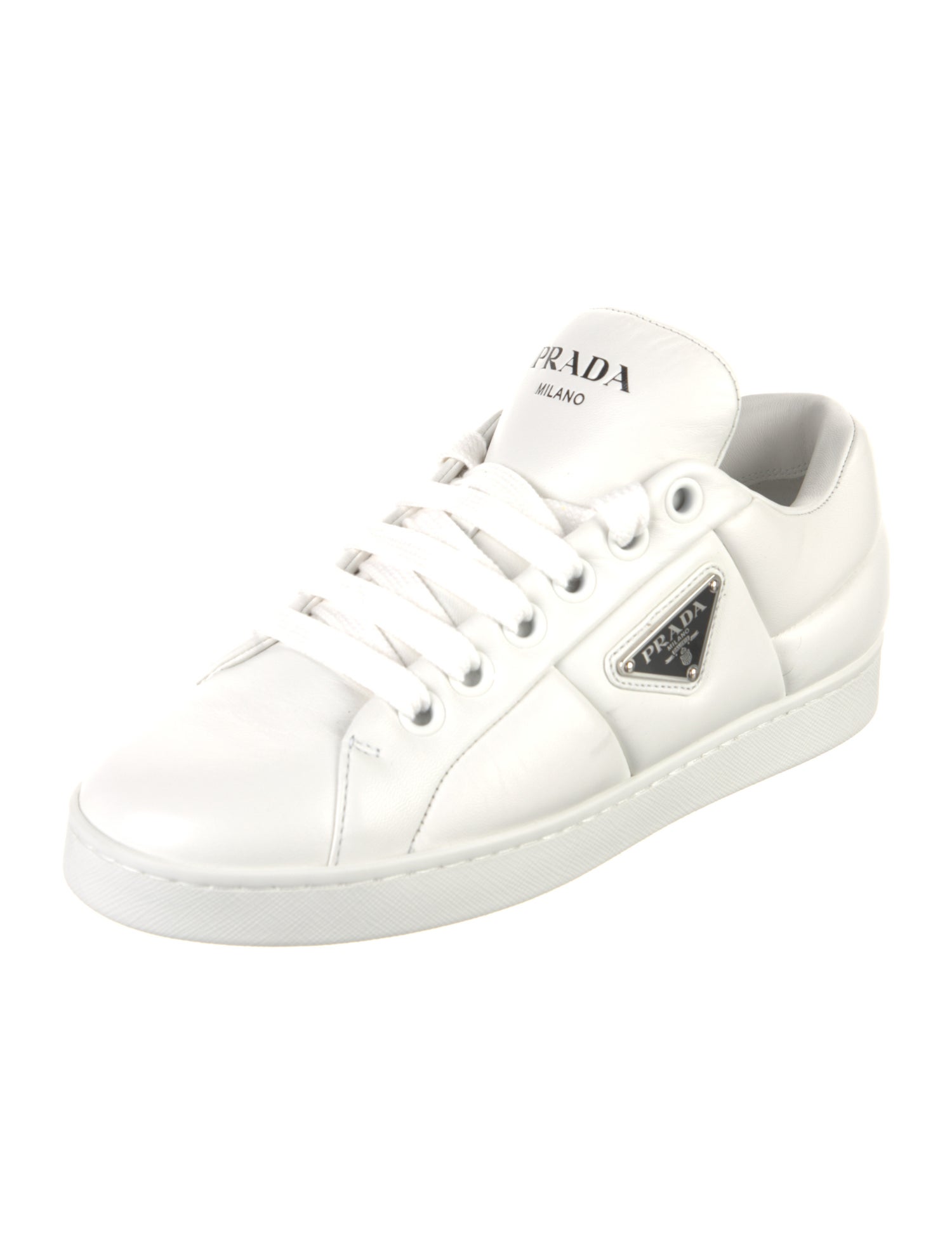 Prada Enameled Metal Triangle Leather Sneakers