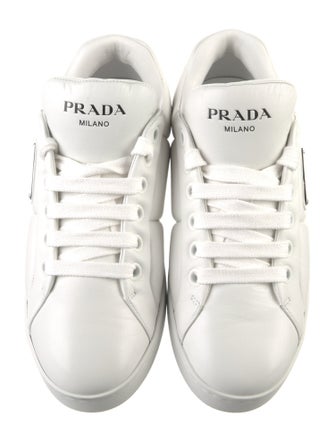 Prada Enameled Metal Triangle Leather Sneakers