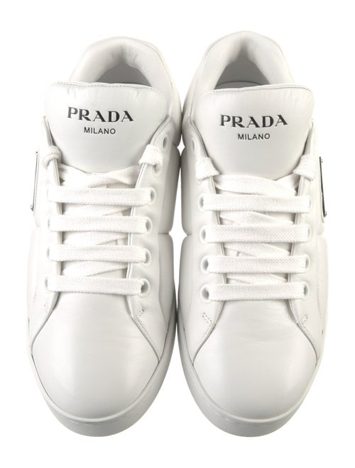 Prada Enameled Metal Triangle Leather Sneakers