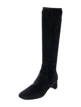Prada Enameled Metal Triangle Suede Riding Boots