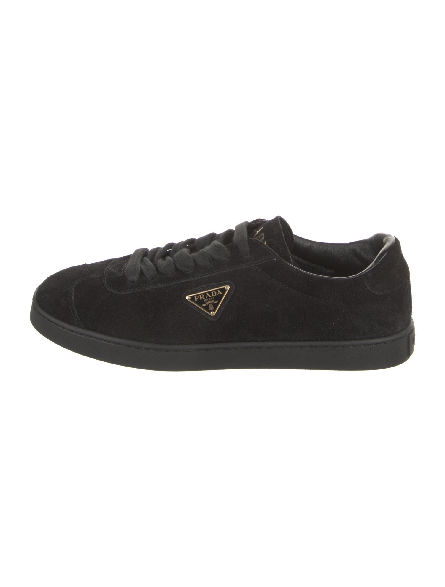 Prada Enameled Metal Triangle Suede Sneakers w/ Tags