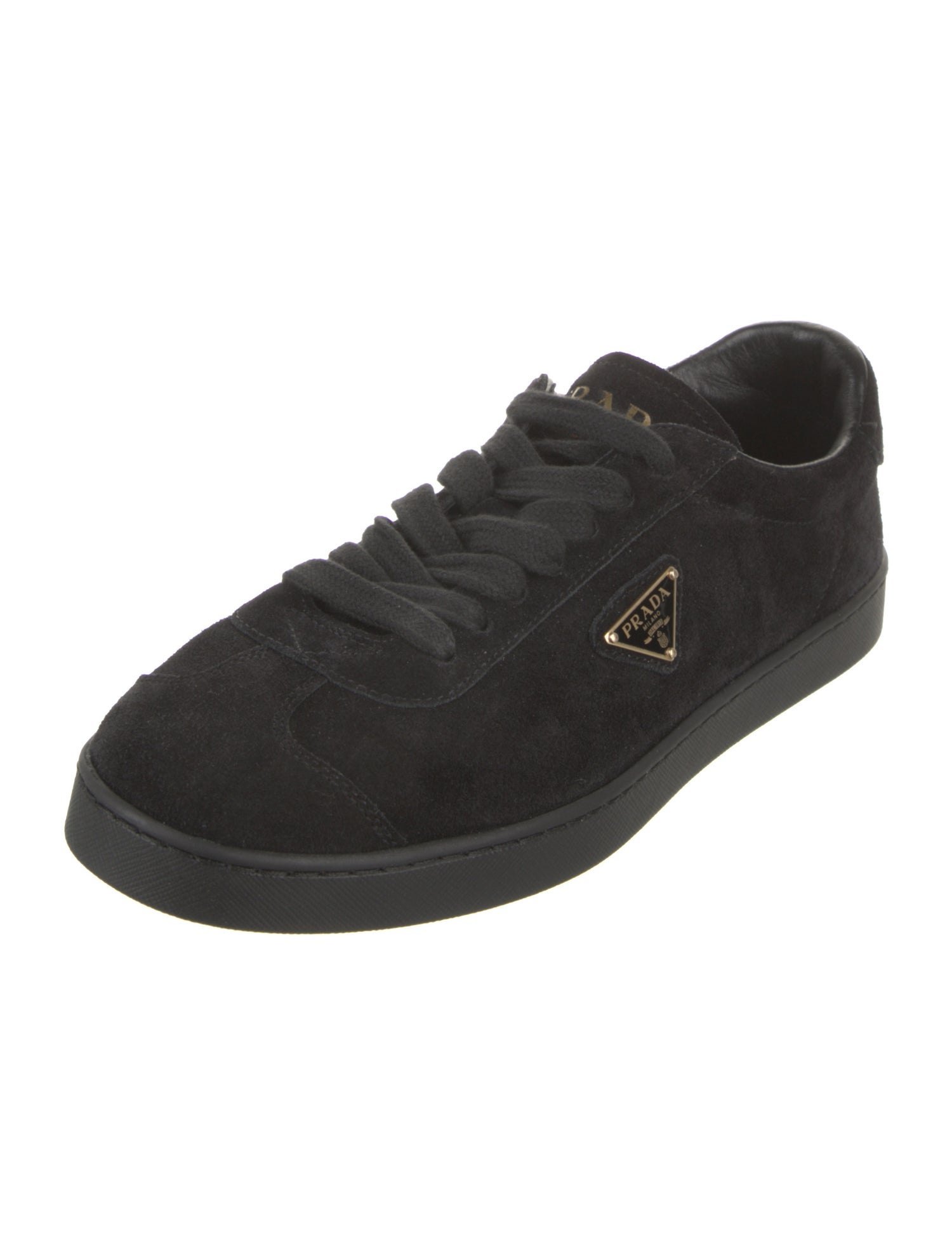 Prada Enameled Metal Triangle Suede Sneakers w/ Tags
