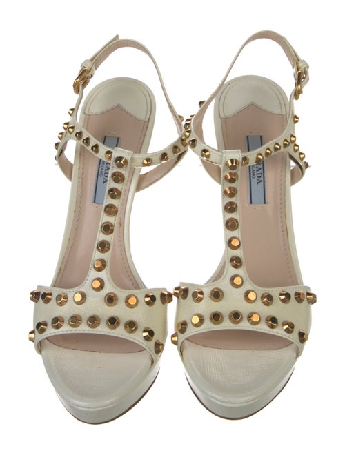 Prada Leather Studded Accents T-Strap Sandals