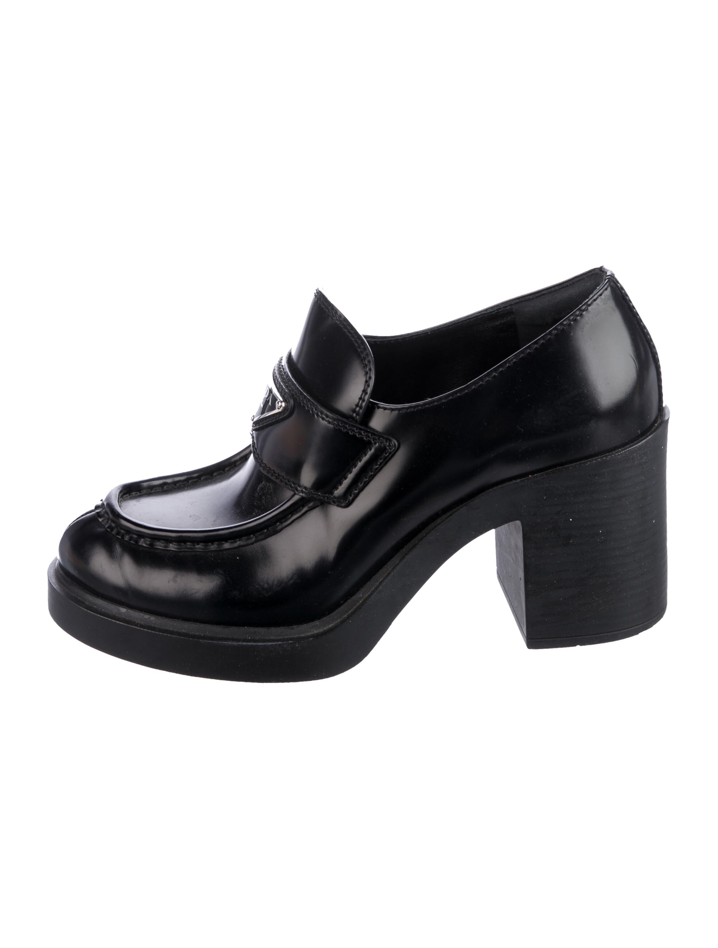 Prada Enameled Metal Triangle Leather Pumps