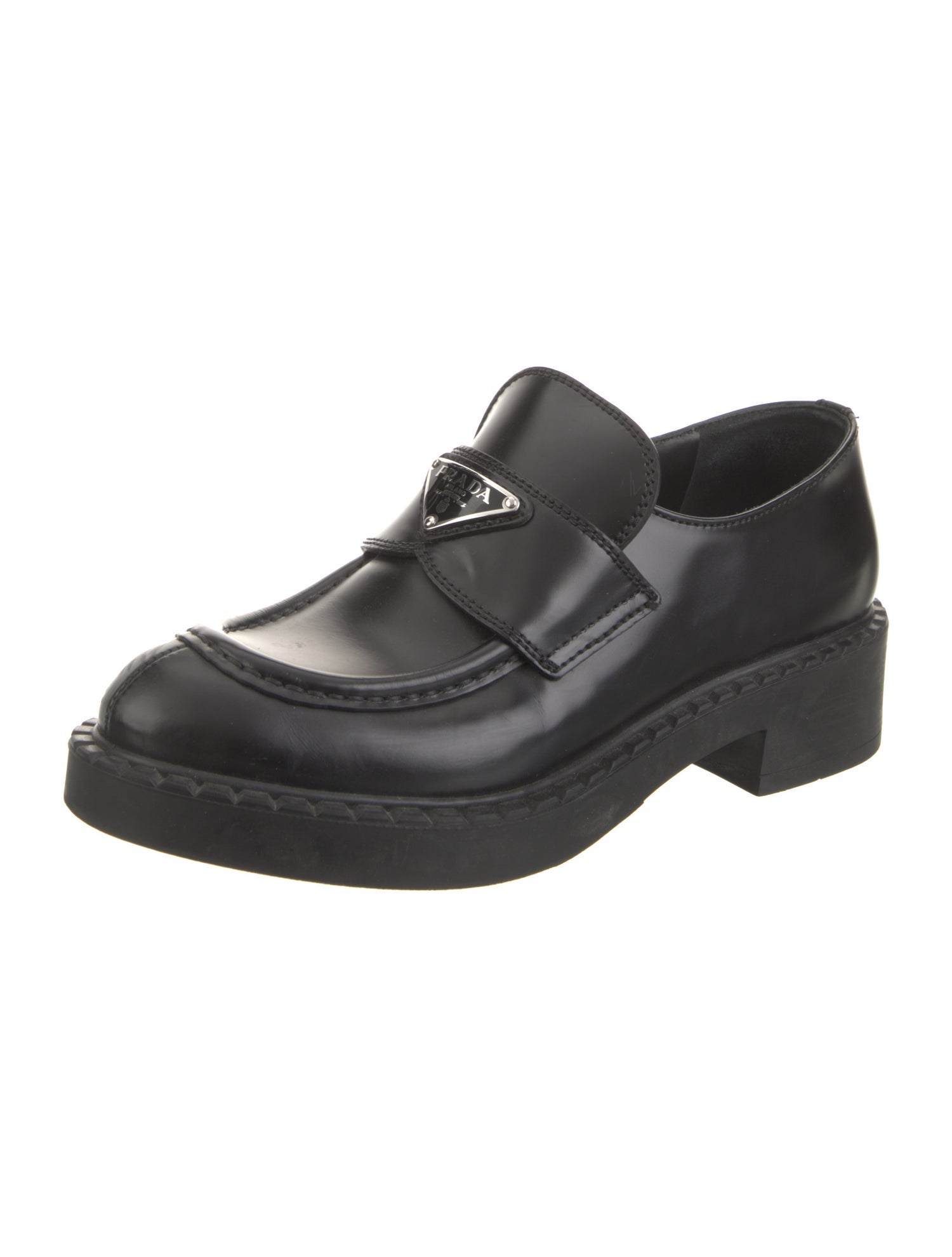 Prada Enameled Metal Triangle Leather Oxfords