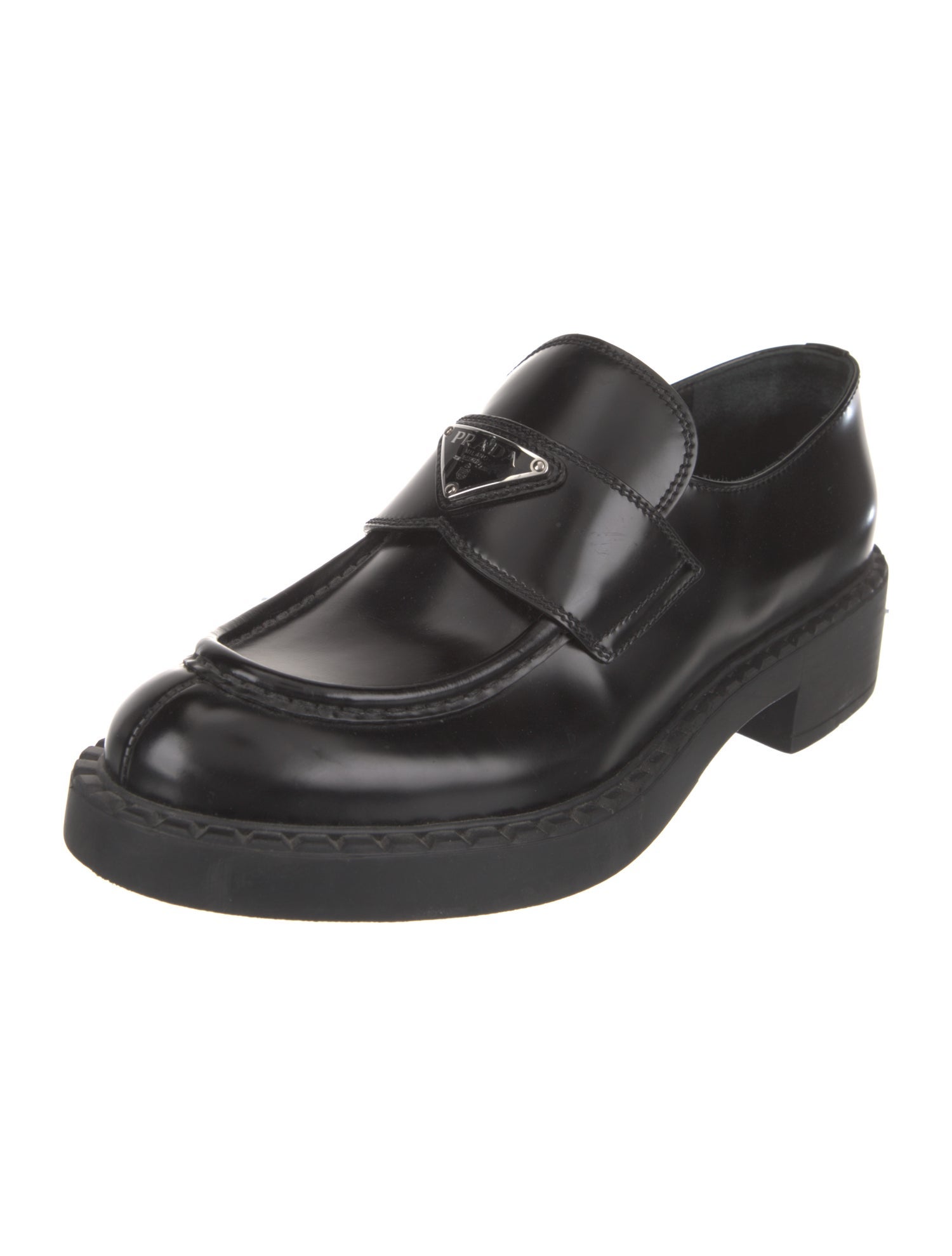 Prada Enameled Metal Triangle Leather Oxfords