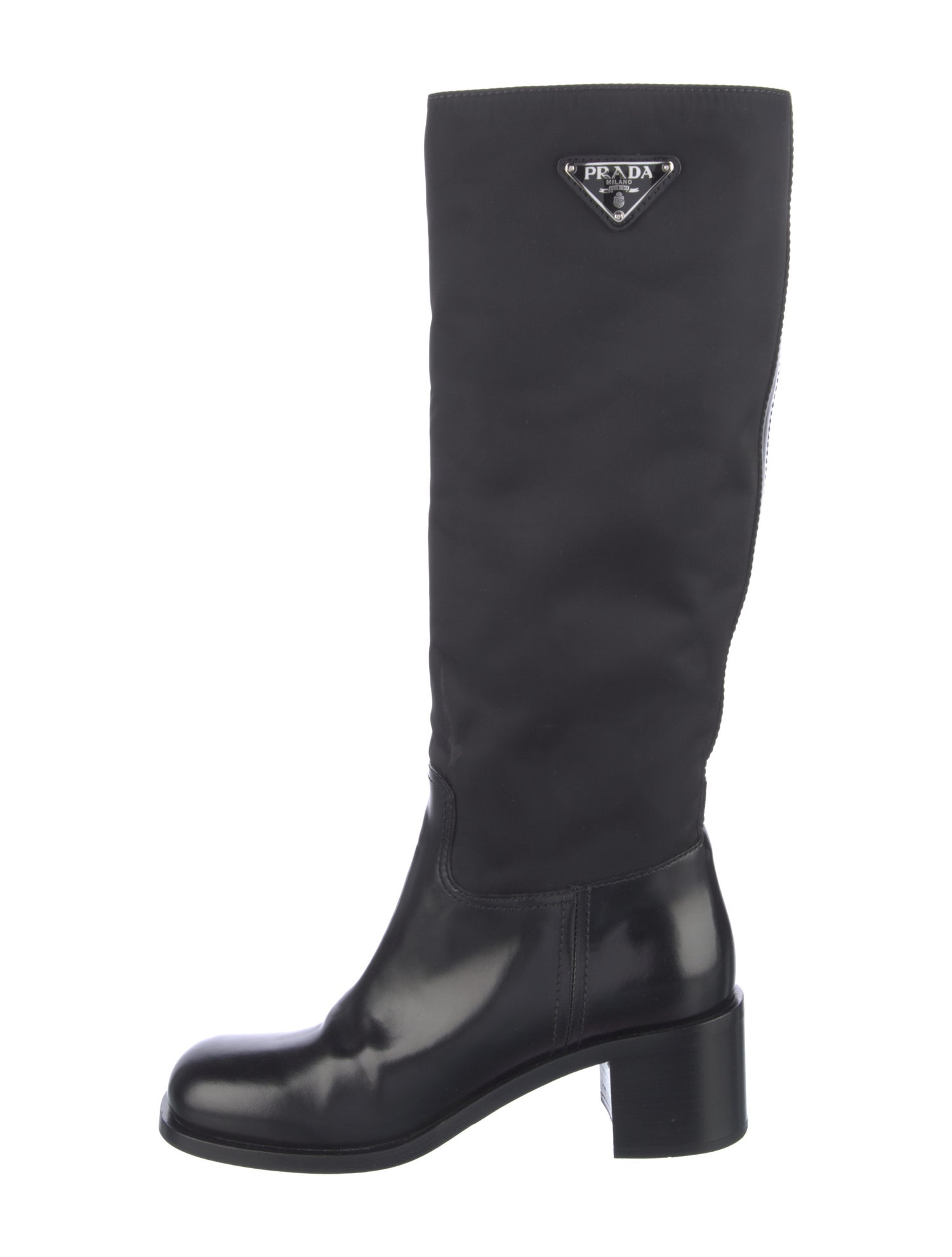 Prada Enameled Metal Triangle Leather Riding Boots