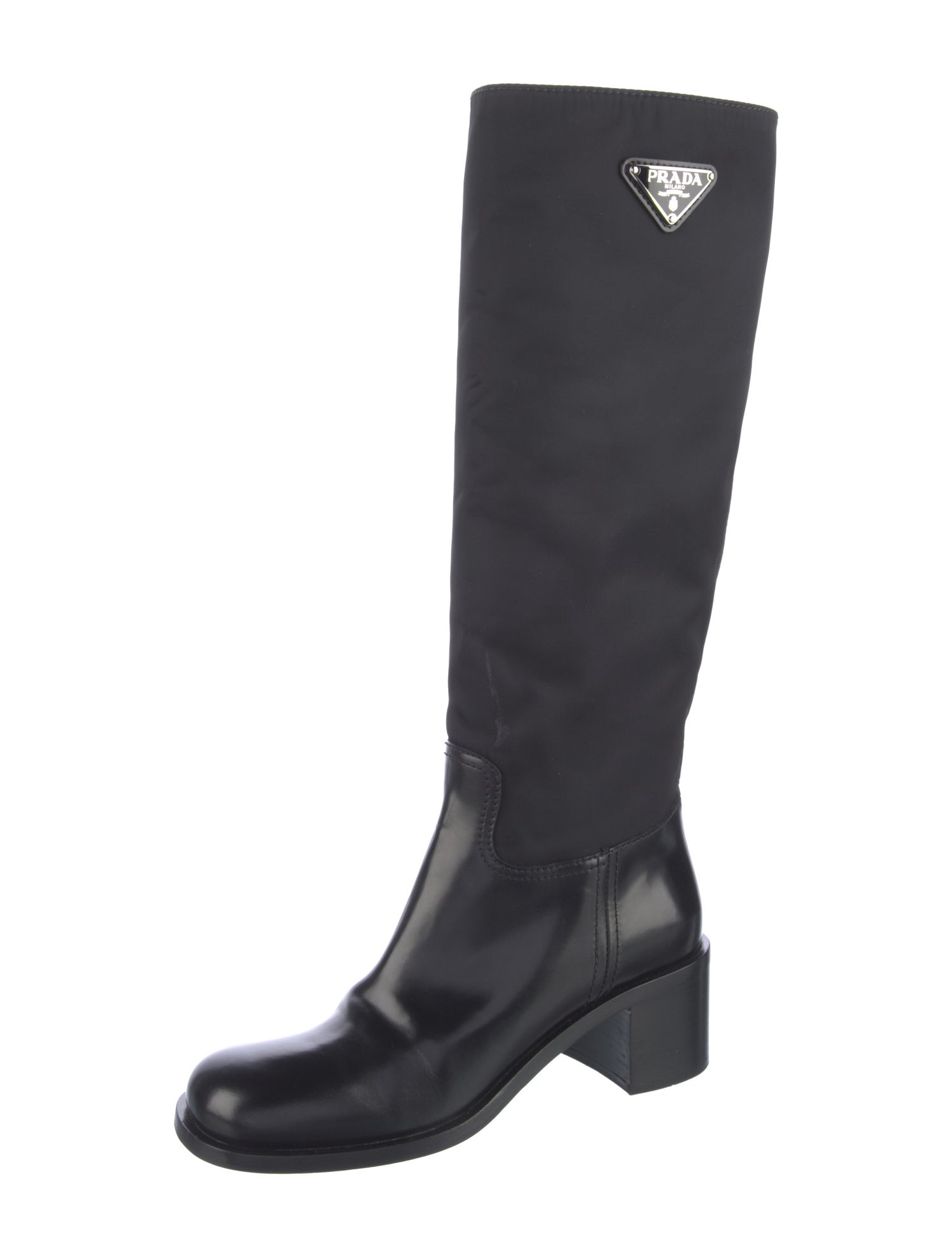 Prada Enameled Metal Triangle Leather Riding Boots