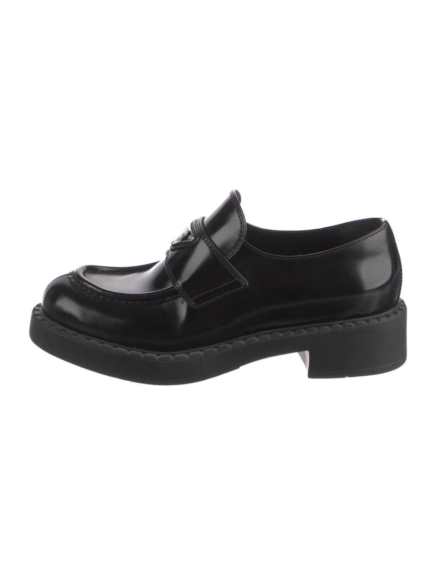 Prada Enameled Metal Triangle Leather Loafers