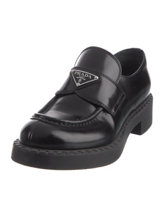 Prada Enameled Metal Triangle Leather Loafers
