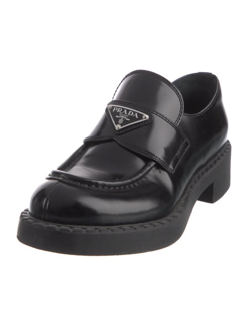 Prada Enameled Metal Triangle Leather Loafers