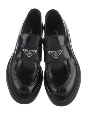 Prada Enameled Metal Triangle Leather Loafers