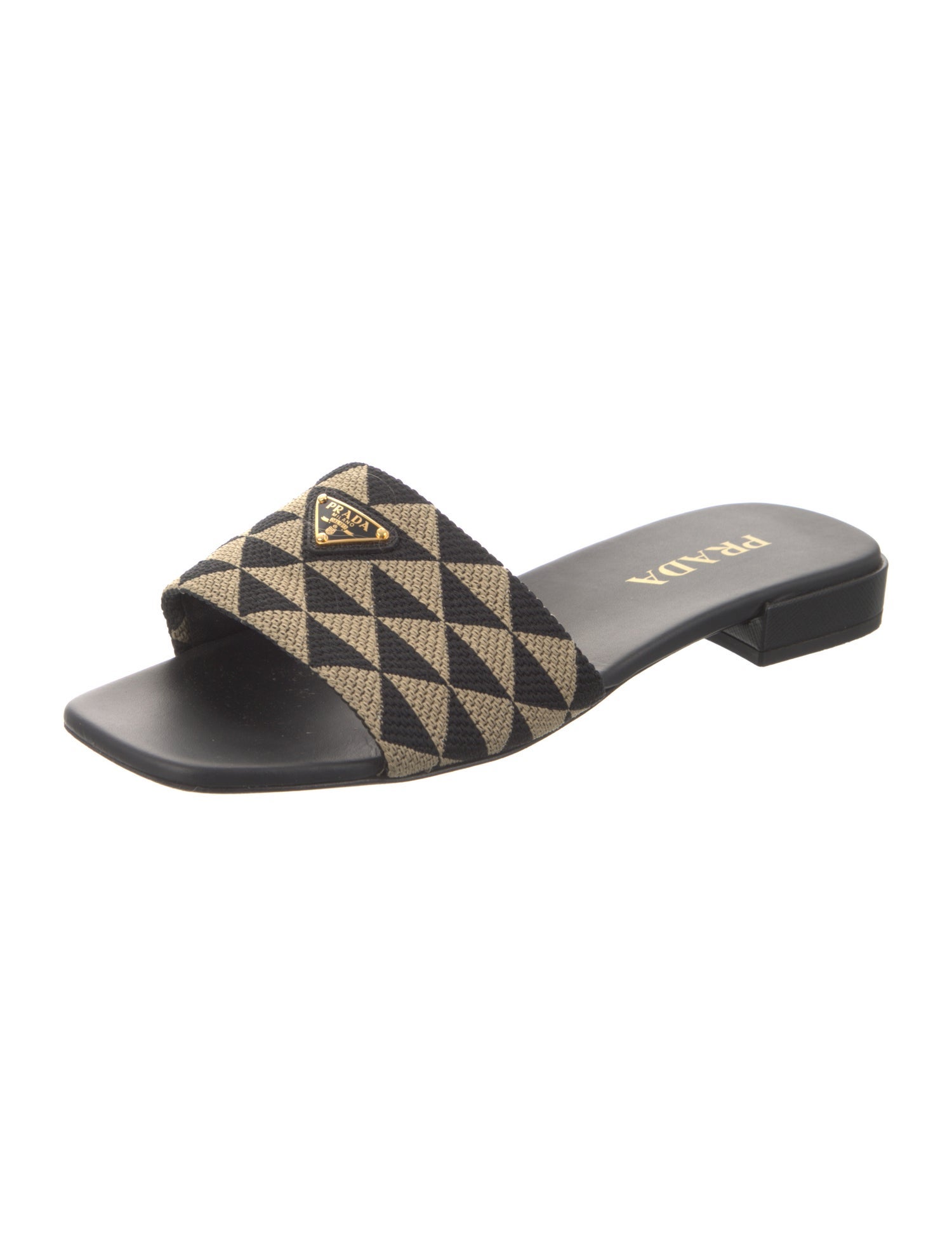 Prada Enameled Metal Triangle Printed Slides